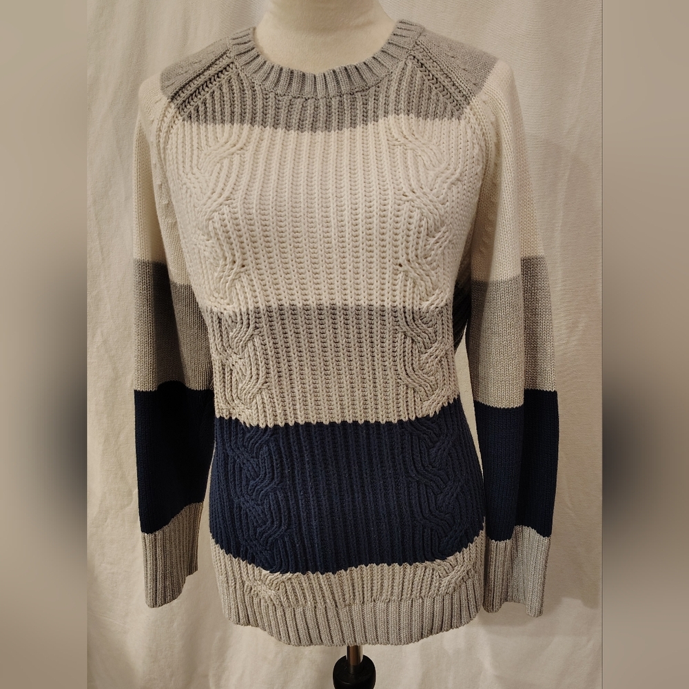Two By Vince Camuto, Navy, Gray, White, Colorblock Crewneck Sweater Size Large